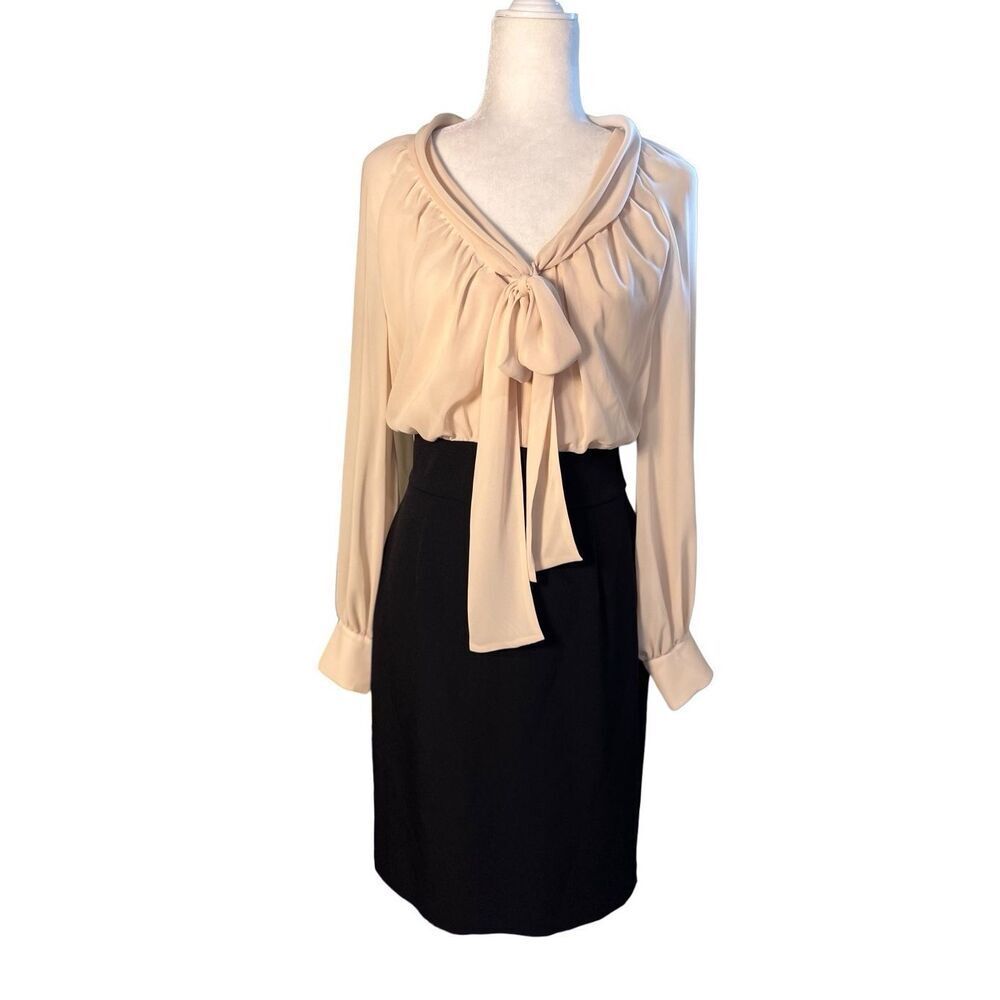 Vintage Evan Picone dress with tie cut cream top and black pencil skirt - 8